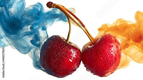 Obraz na płótnie Juicy Cherries Surrounded by Colorful Smoke in Blue and Orange w salonie
