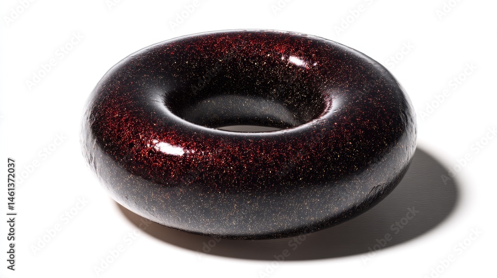 Shiny Red and Black Glittery Donut Shaped Object on White Background