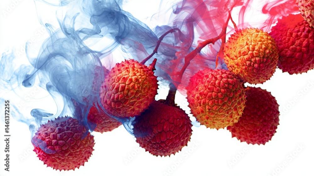 Vibrant Lychee Fruits Surrounded by Colorful Smoke on White Background