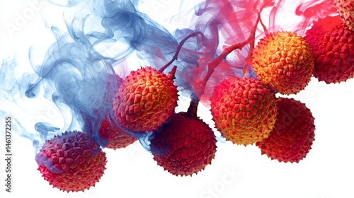 Obraz na płótnie Vibrant Lychee Fruits Surrounded by Colorful Smoke on White Background w salonie