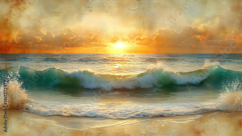 Golden sunrise over crashing waves on a sandy beach