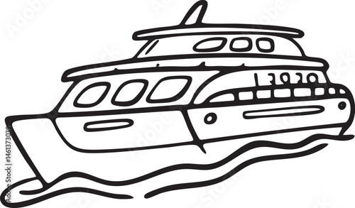 A stylized black and white boat glides across a gentle wave.