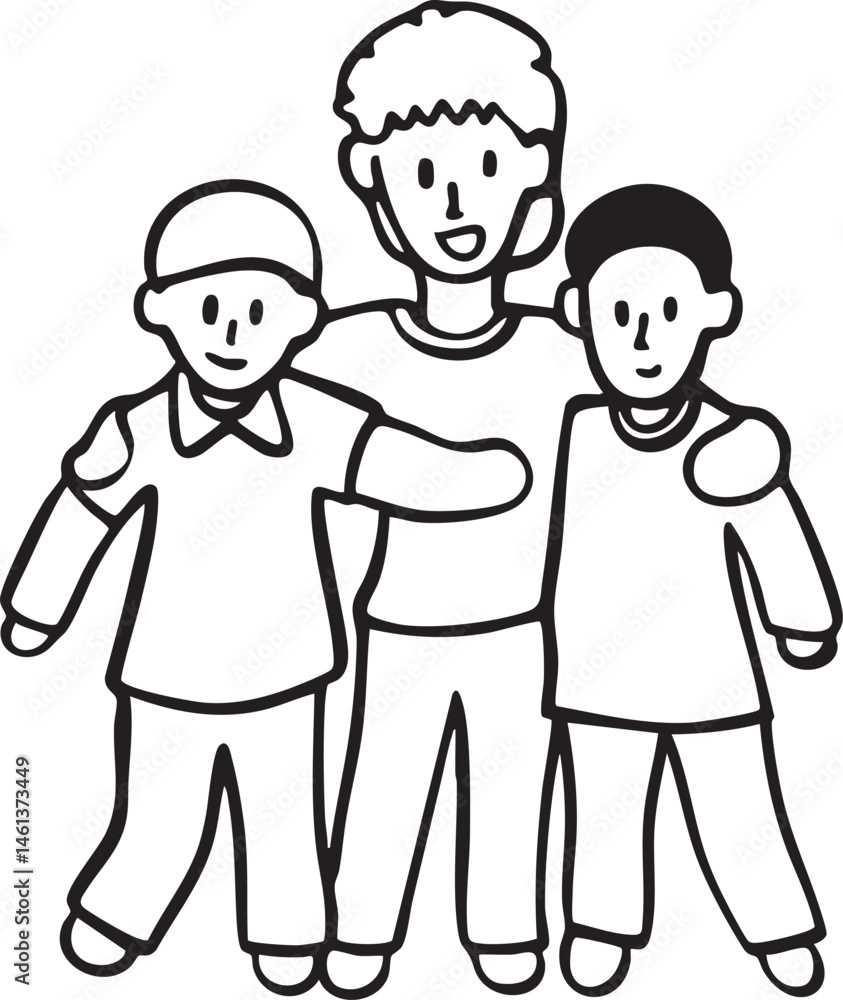 Three individuals stand closely together in a supportive embrace. Three individuals stand closely together in a supportive embrace.