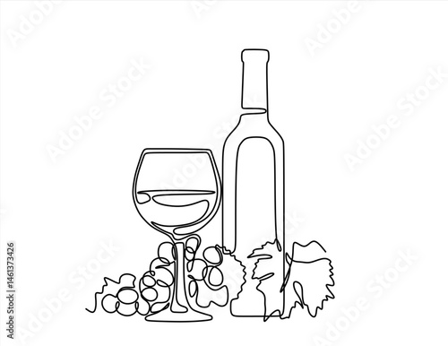 Bottle of wine with wineglass and grape bunch in continuous line art drawing style. Minimalist black linear sketch isolated on white background. Vector illustration. Editable stroke.