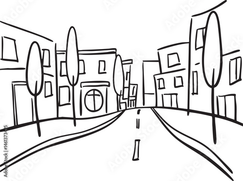 A simplified black and white depicts a curving road leading towards a row of buildings.