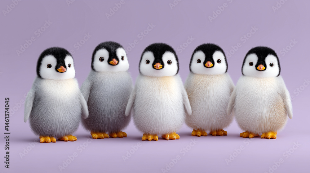 Naklejka premium A group of five penguins are standing next to each other