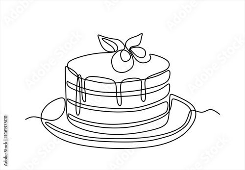 Continuous one line drawing of cake with strawberries. Hand drawn piece of cake minimalist design, café, bakery, confectionery concept. Vector.Editable stroke. 