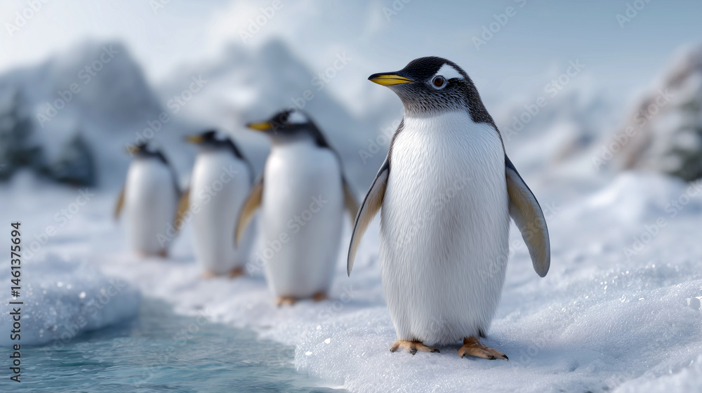 Fototapeta premium A group of penguins are standing in the snow near a body of water
