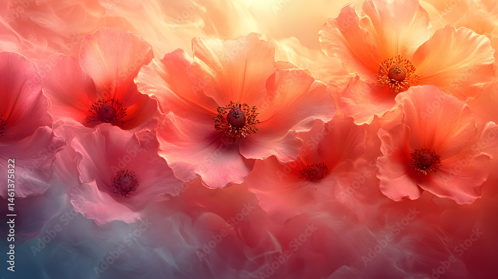 Flowing pastel floral shapes with glowing edges and soft textures forming an abstract garden scene Flowing pastel floral shapes with glowing edges and soft textures forming an abstract garden scene