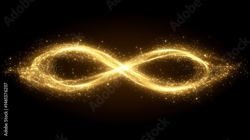 Golden infinity symbol design with sparkling particles.