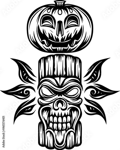 SVG vector of a Halloween-themed pumpkin skull design. Scary Halloween Pumpkin Skull Tiki Mask Illustration in Black and White