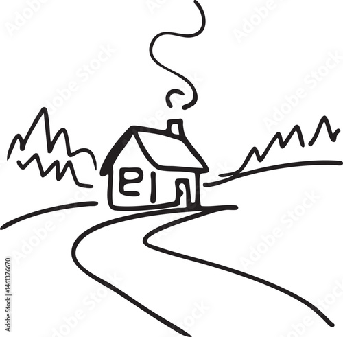 A simple house with a chimney sits on a winding path amidst rolling