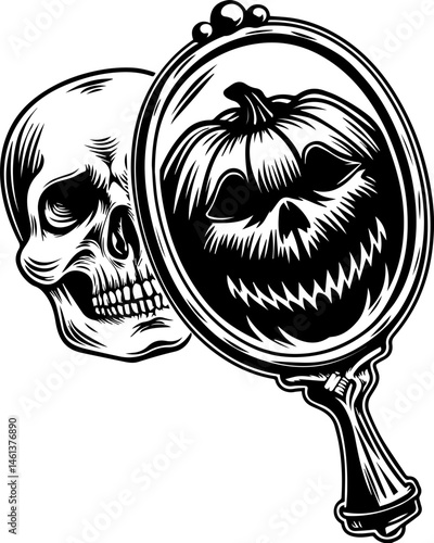 SVG vector of a Halloween-themed pumpkin skull design. Skull and Pumpkin Reflection in Creepy Mirror Design for Halloween