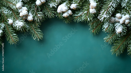 Wallpaper Mural Snow-dusted evergreen branches frame a teal background, creating a festive winter scene Torontodigital.ca
