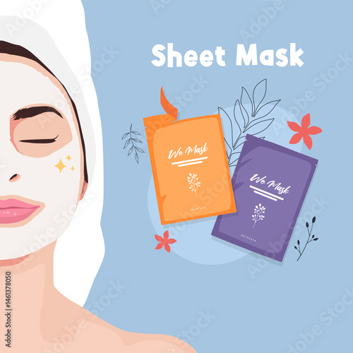 Vector illustration of a woman relaxing with a face sheet mask and skincare sachets on the side. Ideal for beauty, facial treatment, wellness spa, self-care, and natural skincare product promotions
