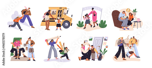 Parents bring students to school set. Family is preparing for first grade, Knowledge Day. Mother, father and kid hurry up to class, lesson. Flat isolated vector illustrations on white background