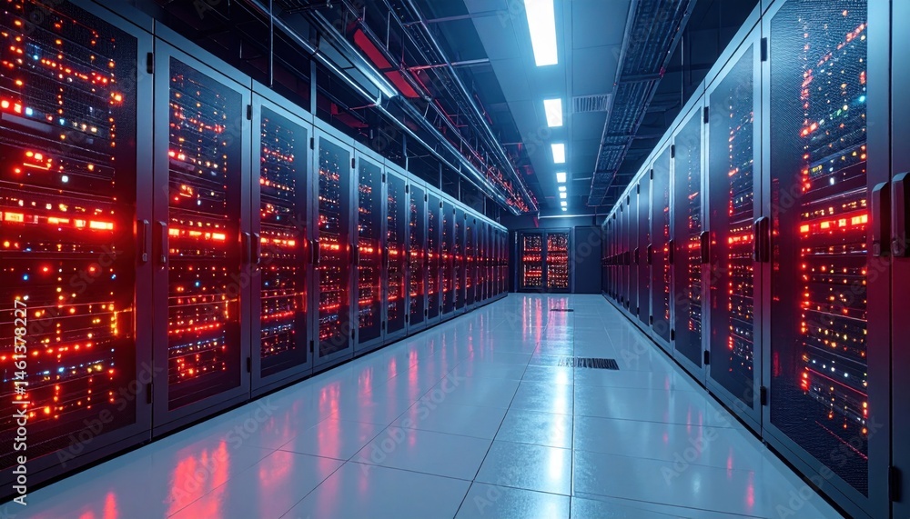 Obraz premium Server Room with Rows of Racks and Lights