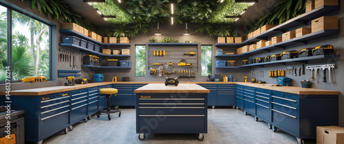Modern workshop with blue cabinets wooden workbench and greenery decor