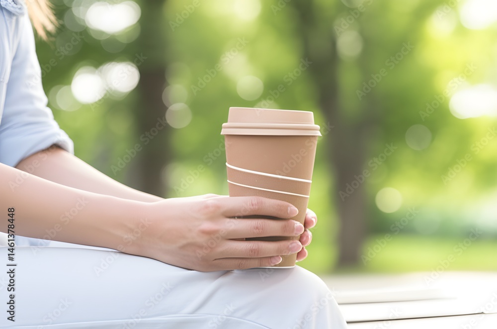 Reusable coffee cup from bamboo fiber or recycled materials held by sitting outdoors blurred park Reusable coffee cup from bamboo fiber or recycled materials held by sitting outdoors blurred park
