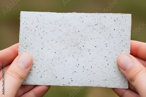 Seed paper or plantable paper card with visible seeds embedded held gently in hands against soft