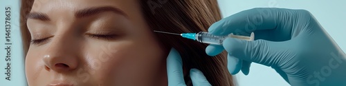 Botox injection cosmetic procedure closeup of eyes closed young woman teal background smooth skin