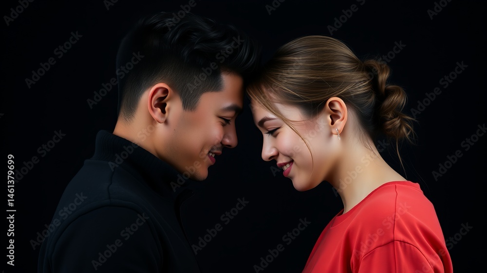 A young couple stands close together, foreheads touching, smiling gently at each other against a black background showcasing intimacy and love. A young couple stands close together, foreheads touching, smiling gently at each other against a black background showcasing intimacy and love.