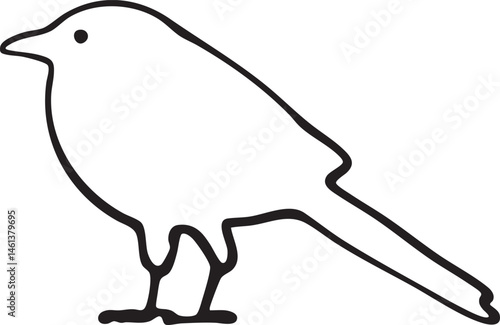 A solitary black bird stands upright on a plain surface.
