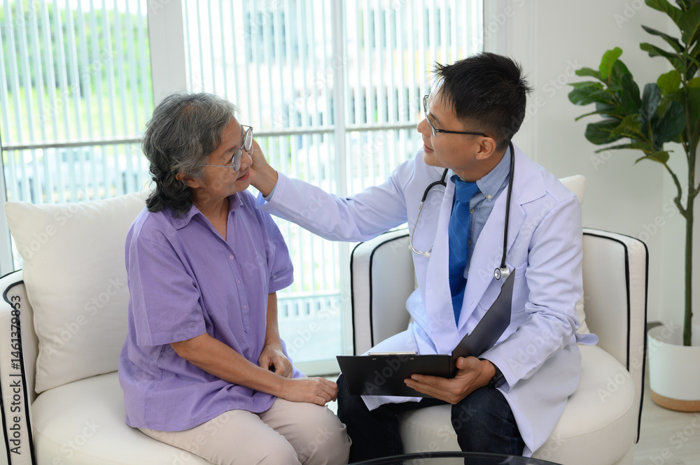 A male doctor is checking the temperature of an elderly patient. A male doctor is checking the temperature of an elderly patient.