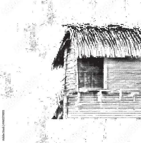 A weathered wooden cabin stands nestled within a dense forest.
