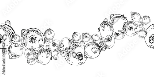 Lingonberry cranberry vector hand drawn in ink, scattered ripe forest berry group, dew drops, bearberry teaberry. Seamless banner isolated illustration. Home preserves, textile stationery, recipe book
