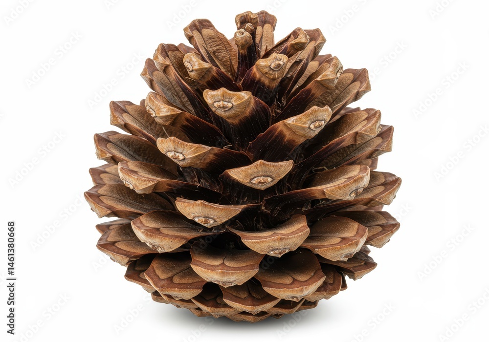 Isolated pine cone showing its scales and texture on a white background
