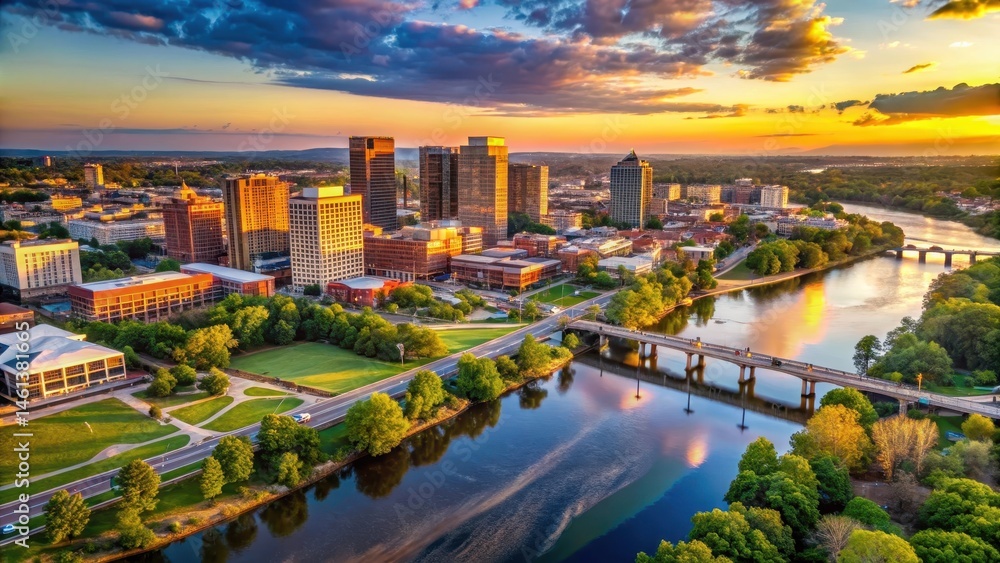 Naklejka premium Panoramic aerial view of Richmond cityscape at sunset with riverfront and historic buildings, sunset over city, richmond city view