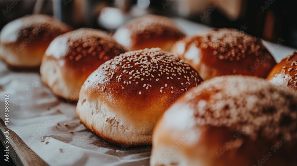 Freshly baked burger buns, golden brown and topped with sesame seeds, arranged on a table Freshly baked burger buns, golden brown and topped with sesame seeds, arranged on a table