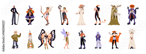 Set of people wearing Halloween costumes for masquerade. Men and women dressed in suits of pumpkin, vampire, fairy, devil for Helloween party, carnival. Flat isolated vector illustrations on white