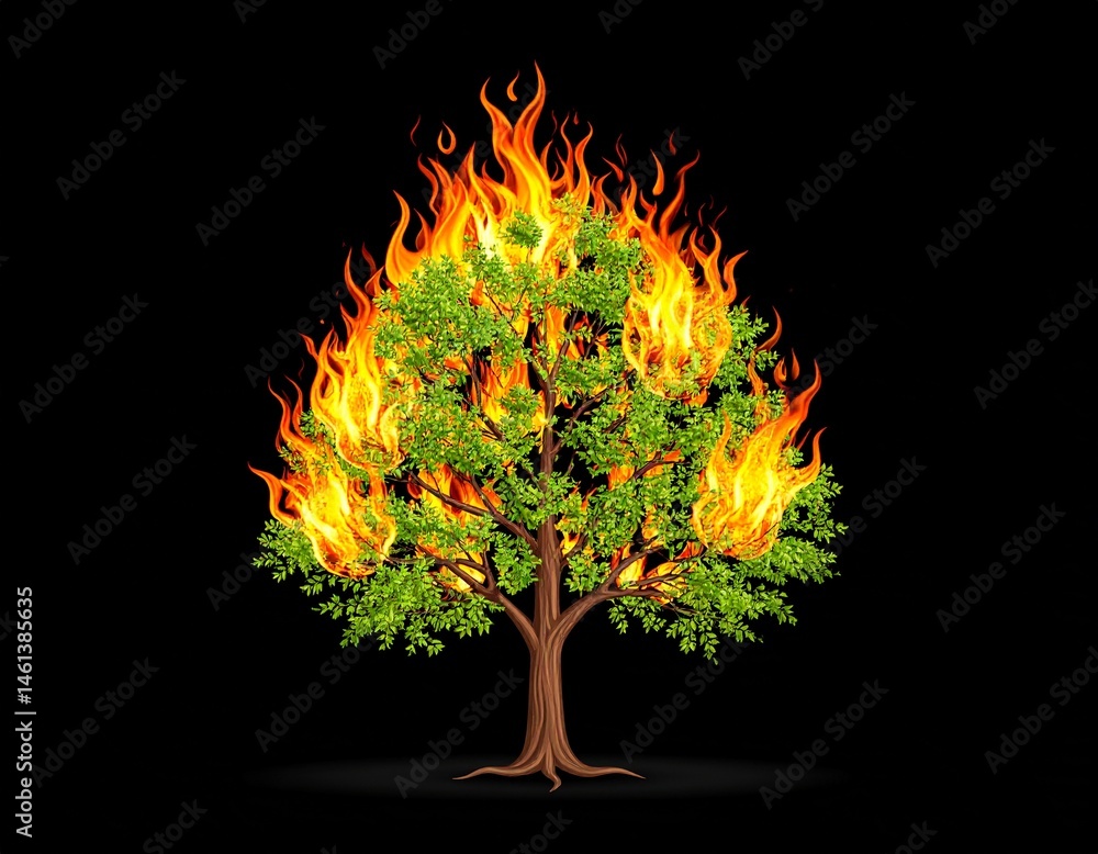 Burning Tree Illustration Wildfire and Climate Crisis Concept