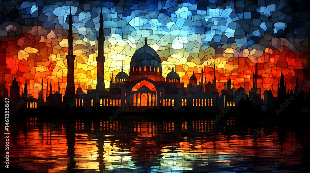 Fototapeta premium Stained glass mosque cityscape at sunset, reflected on water