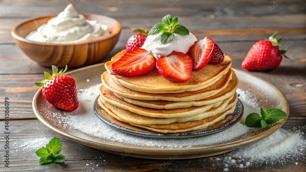 Thin pancakes made from wheat flour are served with sliced strawberries on a plate, garnished with whipped cream and a sprinkle of powdered sugar, wheat flour, fresh crepes Thin pancakes made from wheat flour are served with sliced strawberries on a plate, garnished with whipped cream and a sprinkle of powdered sugar, wheat flour, fresh crepes