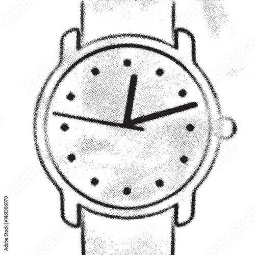 A black wristwatch displays the time on a circular face.