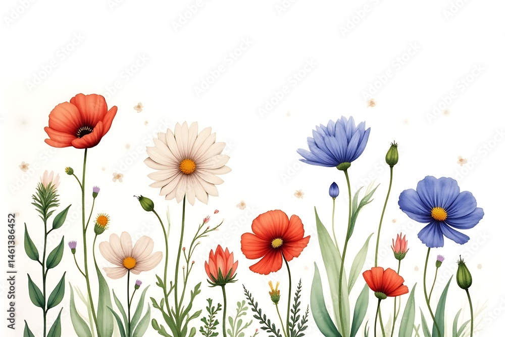 Fototapeta premium Watercolor Floral Border with Poppies, Daisies and Buds on a White Background 