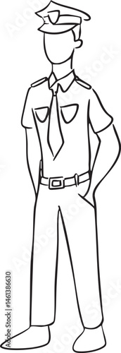 A uniformed figure stands confidently with hands on hips.