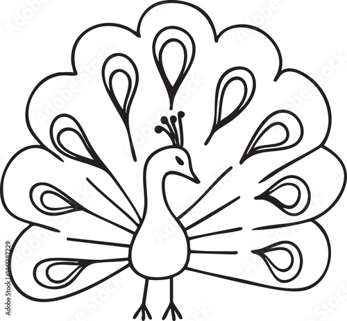 A black and white depicts a displaying its elaborate tail feathers.
