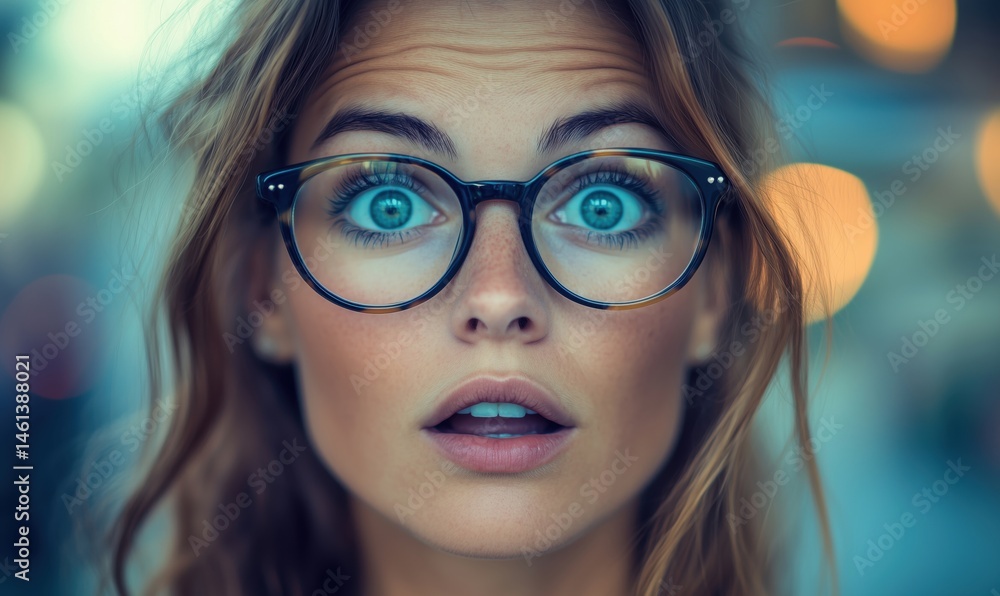 Surprised young woman with glasses and striking blue eyes in urban setting Surprised young woman with glasses and striking blue eyes in urban setting