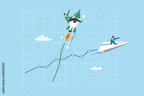 Boost performance, improvement or growth with fast speed progress, self development or marketing and investment, increase efficiency fast concept, businessman riding fast rising speed rocket on graph.