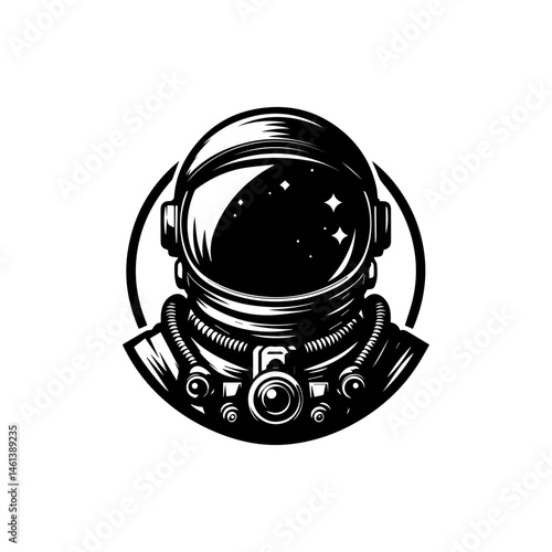 Striking black and white illustration of an astronaut floating in space with stars and a planet. Space exploration concept