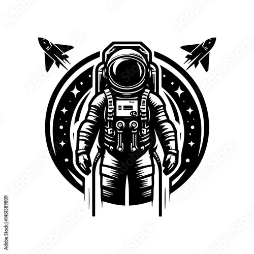Striking black and white illustration of an astronaut floating in space with stars and a planet. Space exploration concept