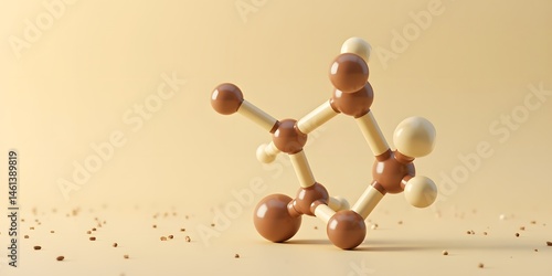 3D render of a vanillin molecule with creamy ivory atoms and warm brown bonds against a background of subtle vanilla bean specks on a beige surface