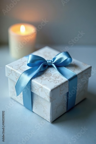 A delicately designed gift box, adorned with a light blue ribbon, sits elegantly near a softly glowing candle, creating a serene and celebratory atmosphere.