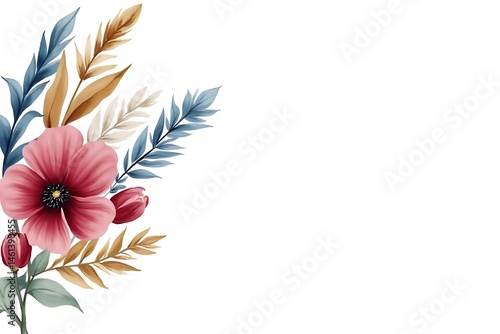 Watercolor Floral Arrangement with Pink Poppy, Blue Leaves and Gold Accents on White Background, Artwork Border for Greetings