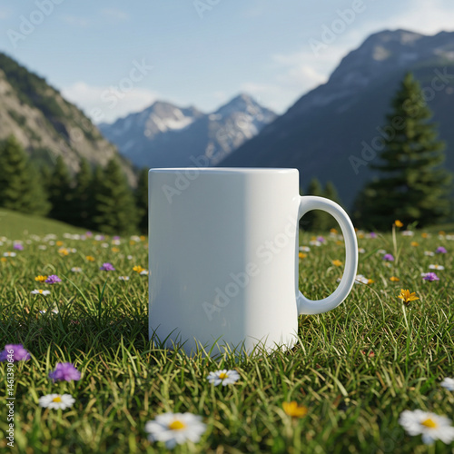 White coffee mug mockup on green grass with daisies, blurred mountain landscape background. Blank cup for natural design. Drinkware template, outdoor.