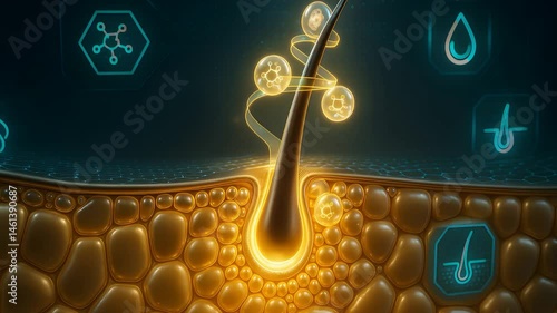 Hair Follicle Cross-Section with Glowing Nutrient Flow and Digital Skincare Icons Representing Hair Treatment Concept

